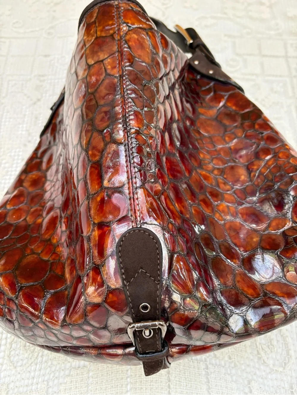 Donald J. Pliner Brown Suede  Crocodile Embossed Hobo Shoulder bag